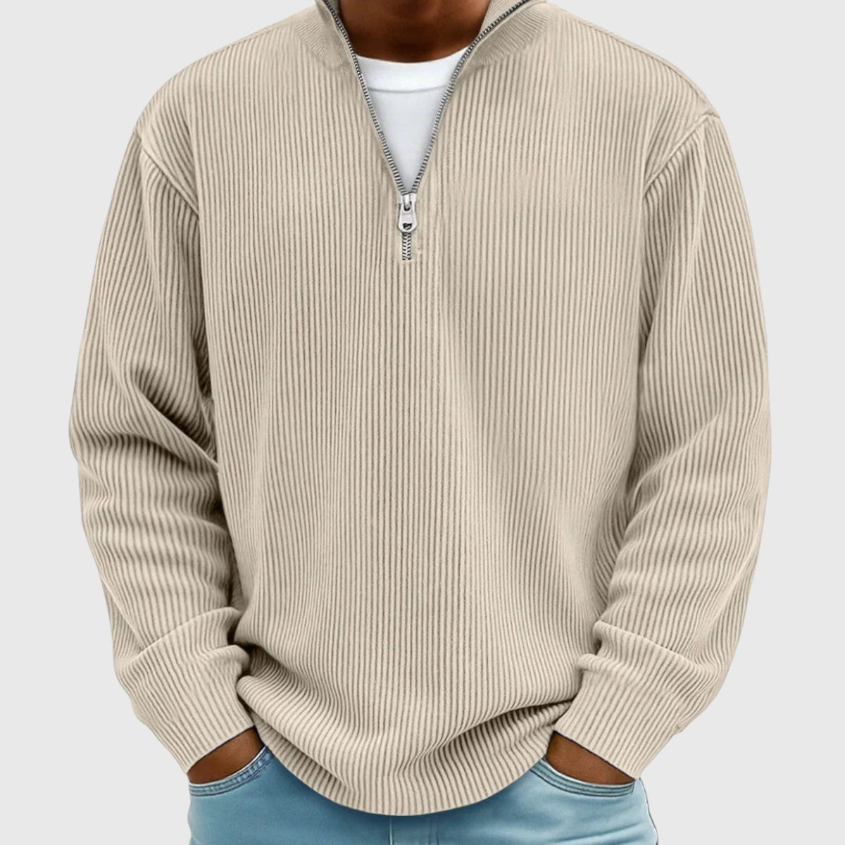 Men's textured ribbed jumper with mock neck and half-zip front