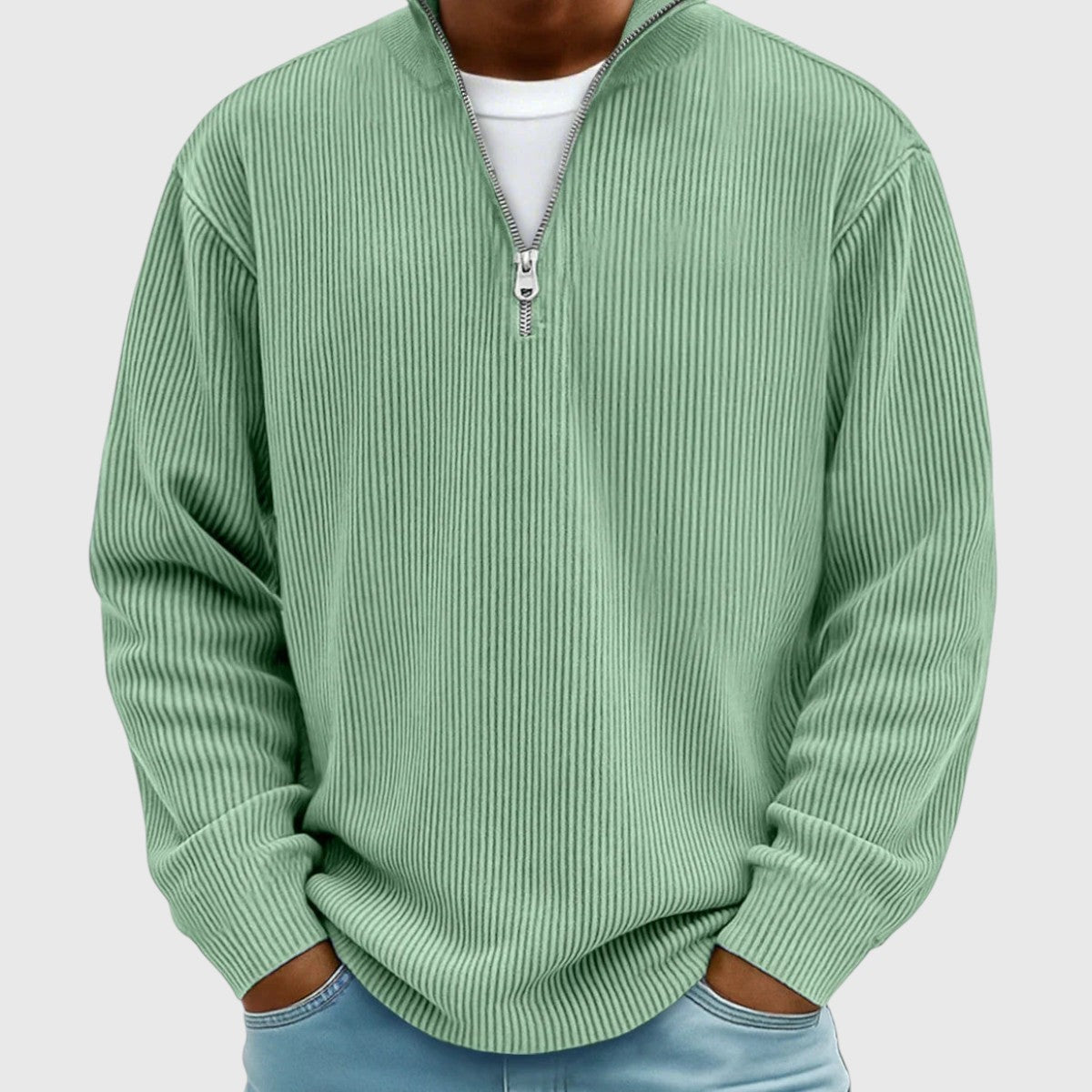 Men's textured ribbed jumper with mock neck and half-zip front