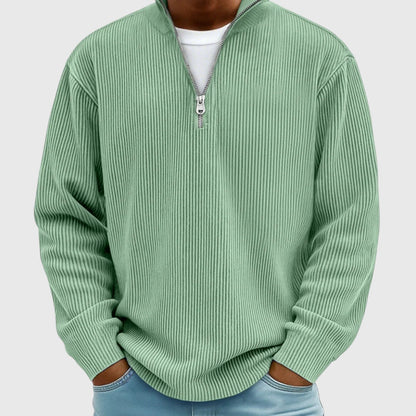 Men's textured ribbed jumper with mock neck and half-zip front
