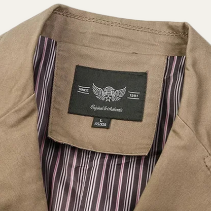 Men's blazer with notched lapels, long sleeves, button front and multiple pockets