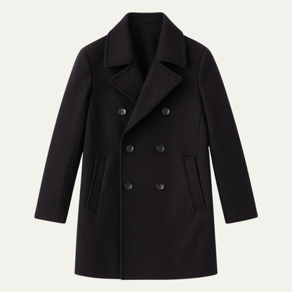 Men's black double-breasted peacoat with notched lapels and long sleeves