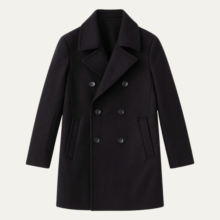 Men's black double-breasted peacoat with notched lapels and long sleeves
