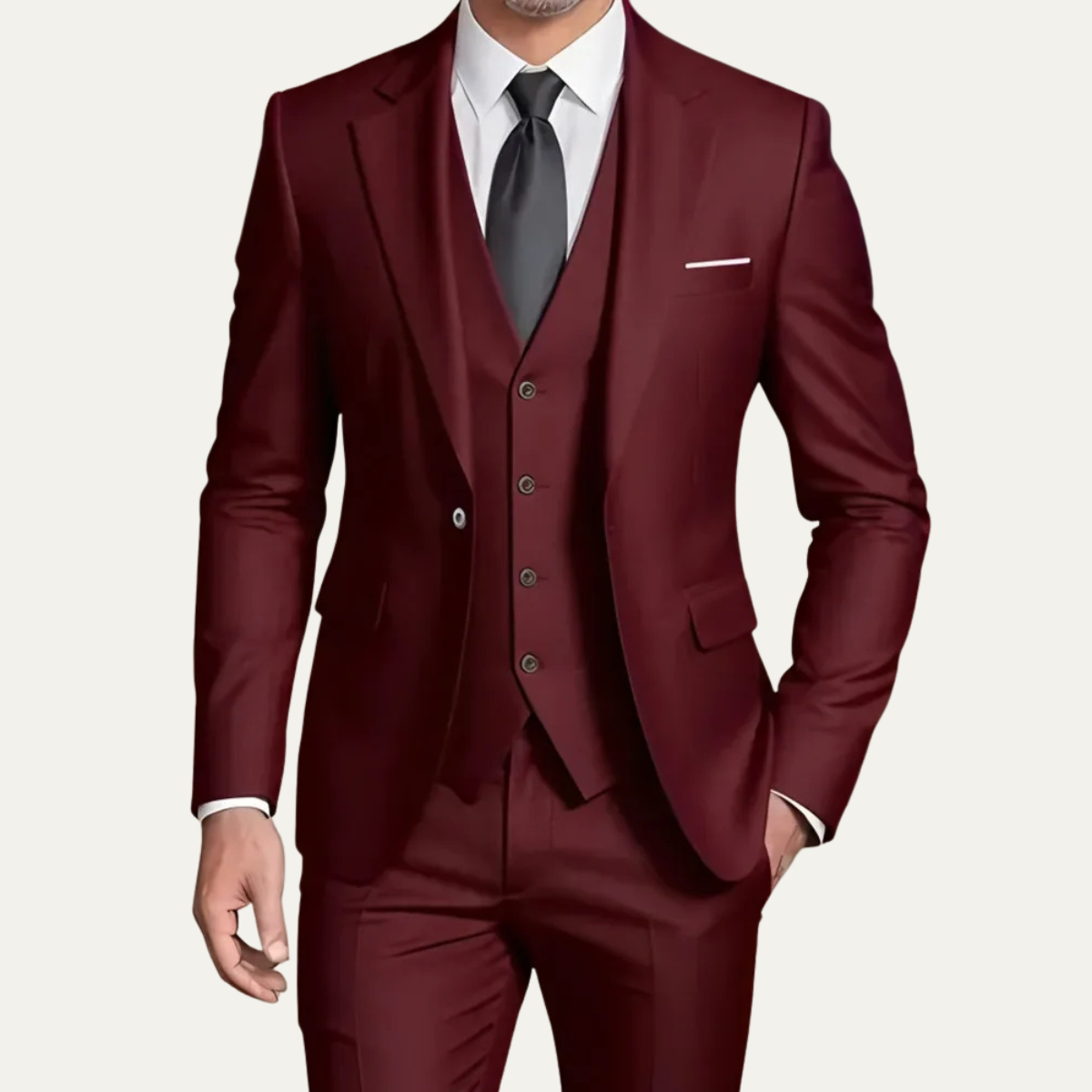 Men's three piece slim fit suit with blazer, buttoned waistcoat and tailored trousers