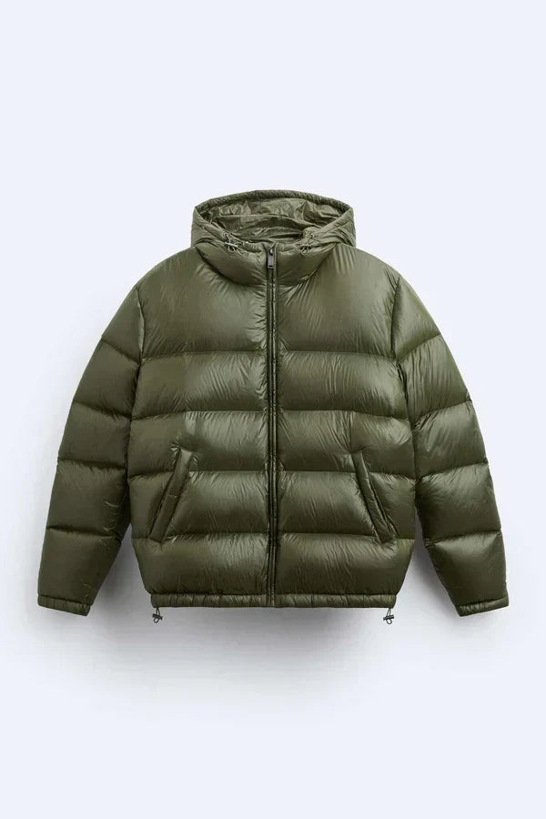 Quilted hooded puffer jacket with front zip and angled pockets