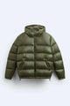 Quilted hooded puffer jacket with front zip and angled pockets