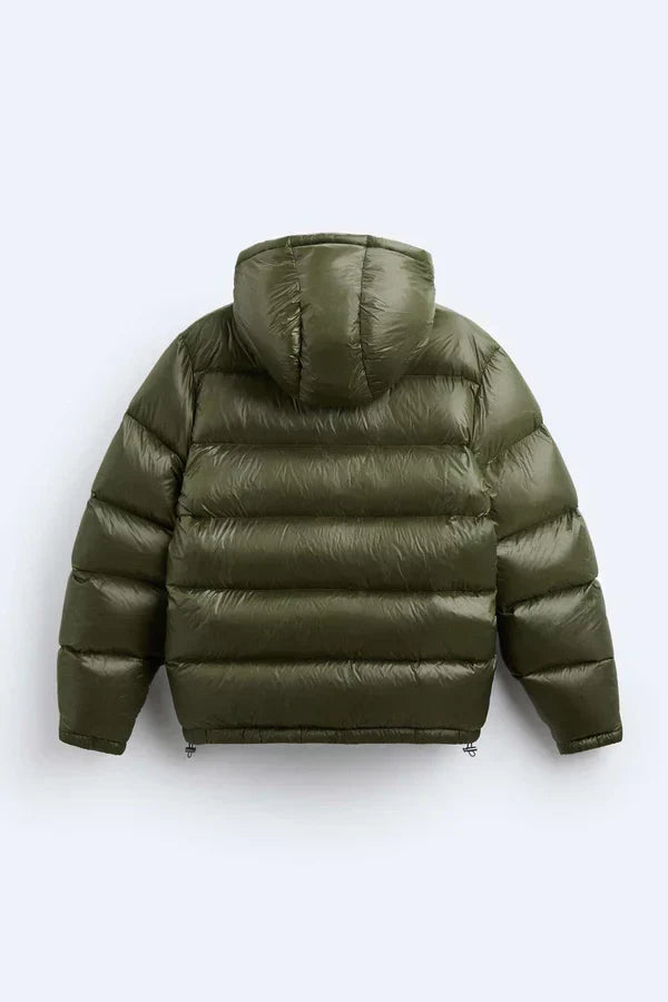 Quilted hooded puffer jacket with front zip and angled pockets