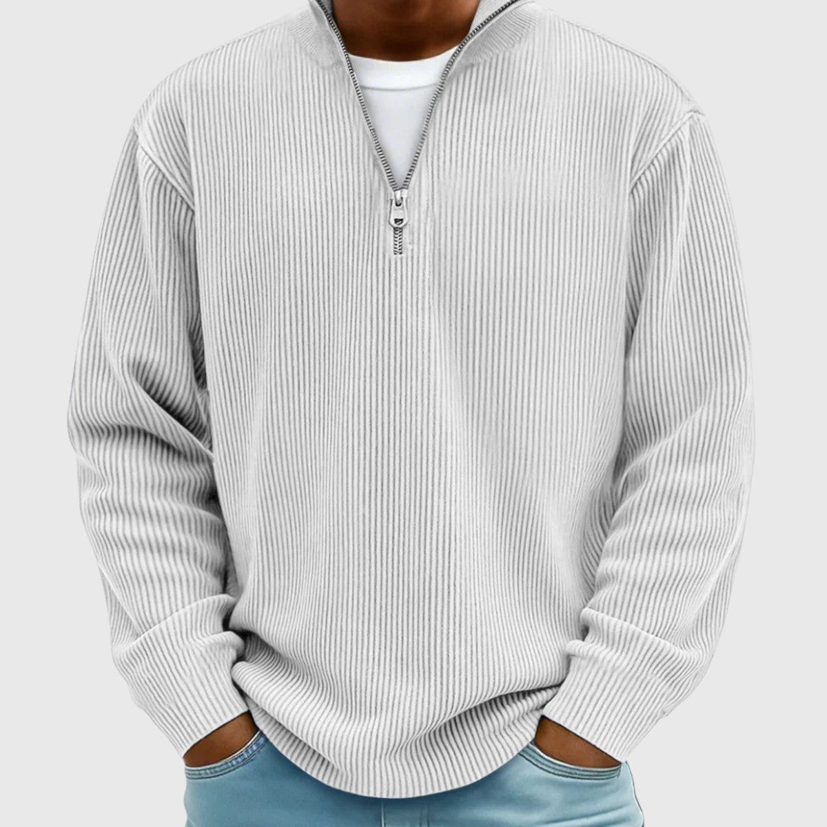 Men's textured ribbed jumper with mock neck and half-zip front