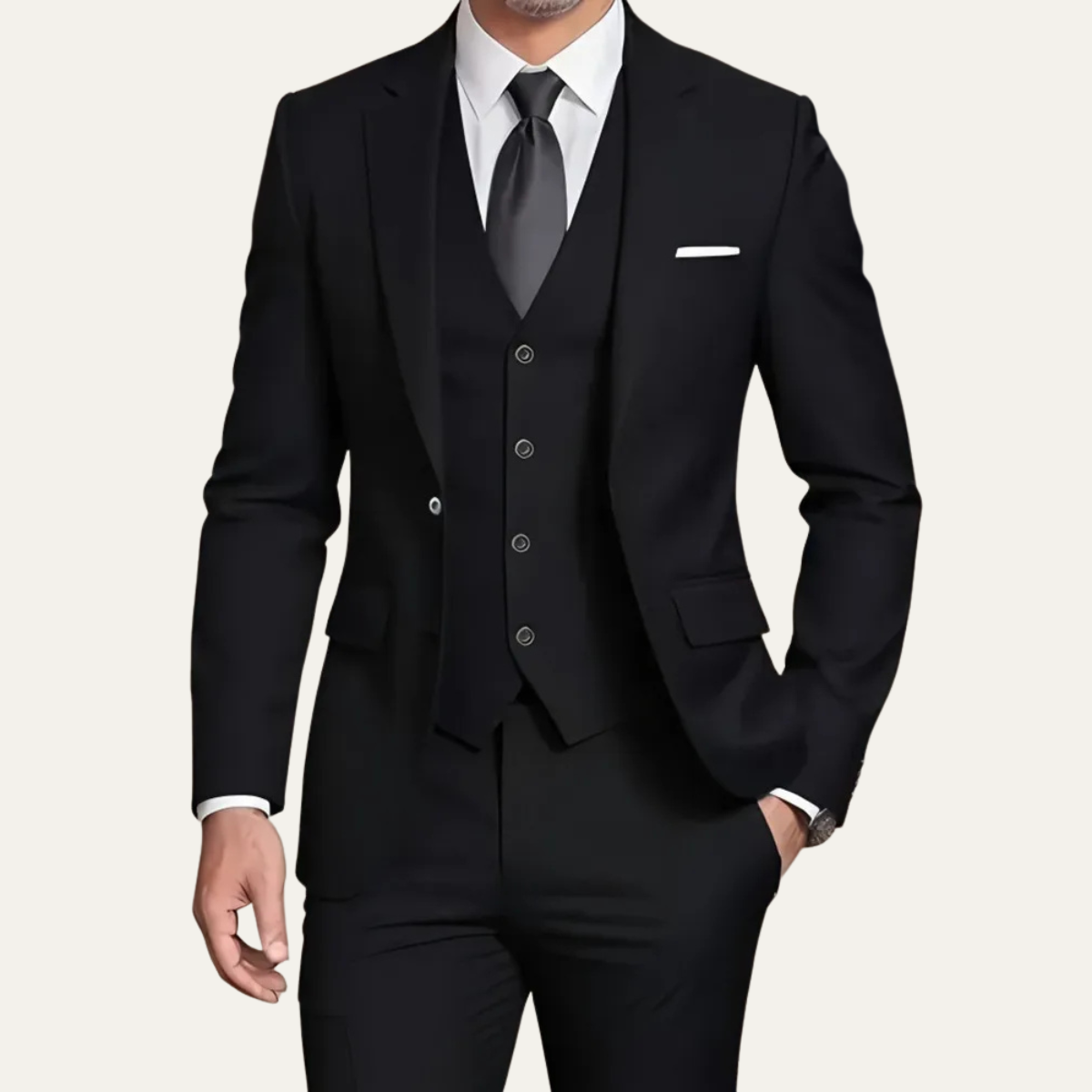 Men's three piece slim fit suit with blazer, buttoned waistcoat and tailored trousers