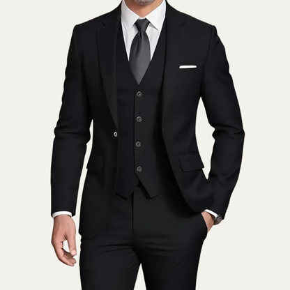 Men's three piece slim fit suit with blazer, buttoned waistcoat and tailored trousers