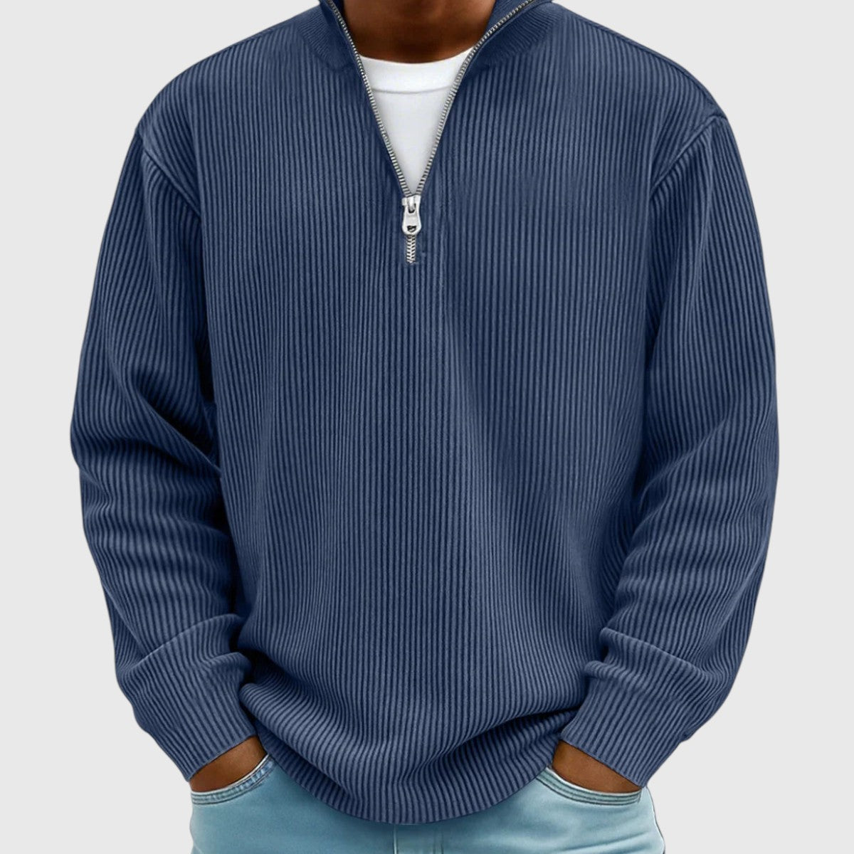 Men's textured ribbed jumper with mock neck and half-zip front