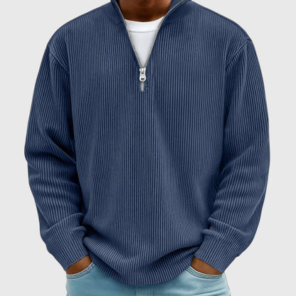 Men's textured ribbed jumper with mock neck and half-zip front