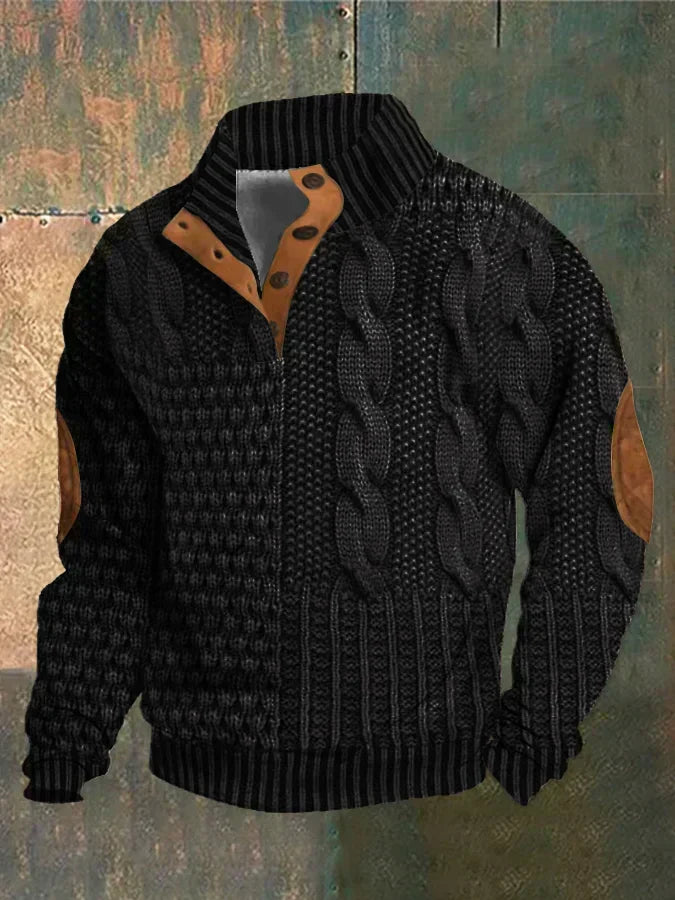 Men's patterned cable knit sweater with crew neck and suede elbow patches