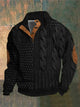 Men's patterned cable knit sweater with crew neck and suede elbow patches