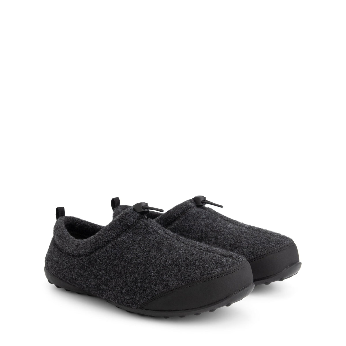 Dark grey unisex house slippers with toggle fastening and textured black soles