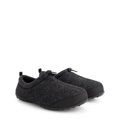 Dark grey unisex house slippers with toggle fastening and textured black soles