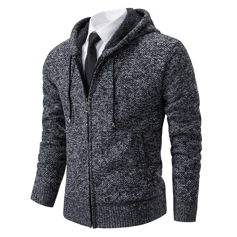 Men's textured hooded cardigan with full-length zip, long sleeves and ribbed trims