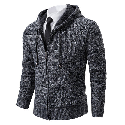 Men's textured hooded cardigan with full-length zip, long sleeves and ribbed trims