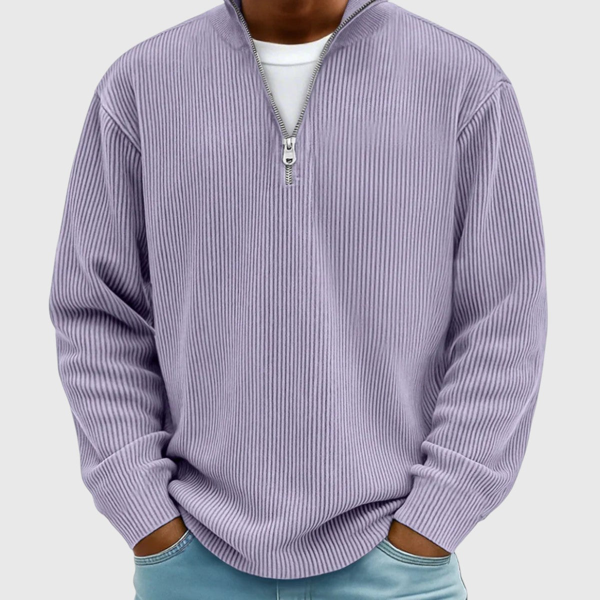 Men's textured ribbed jumper with mock neck and half-zip front