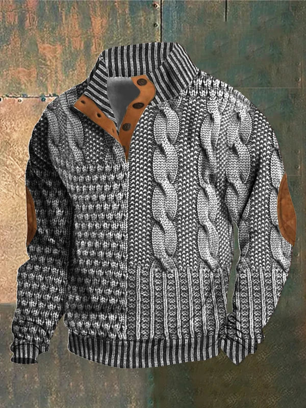 Men's patterned cable knit sweater with crew neck and suede elbow patches