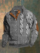 Men's patterned cable knit sweater with crew neck and suede elbow patches