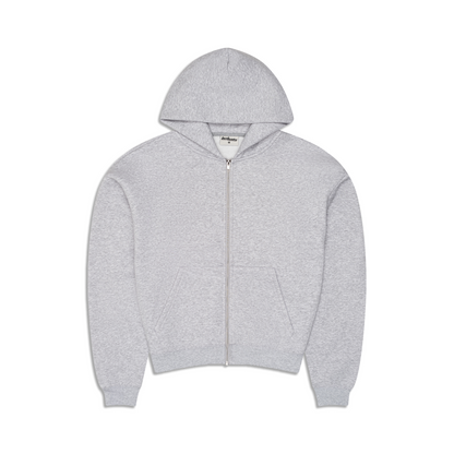 Men's grey zip-up hoodie with hood, long sleeves and kangaroo pocket