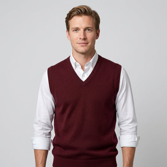 Men's sleeveless V-neck knitted sweater vest layered over a collared shirt