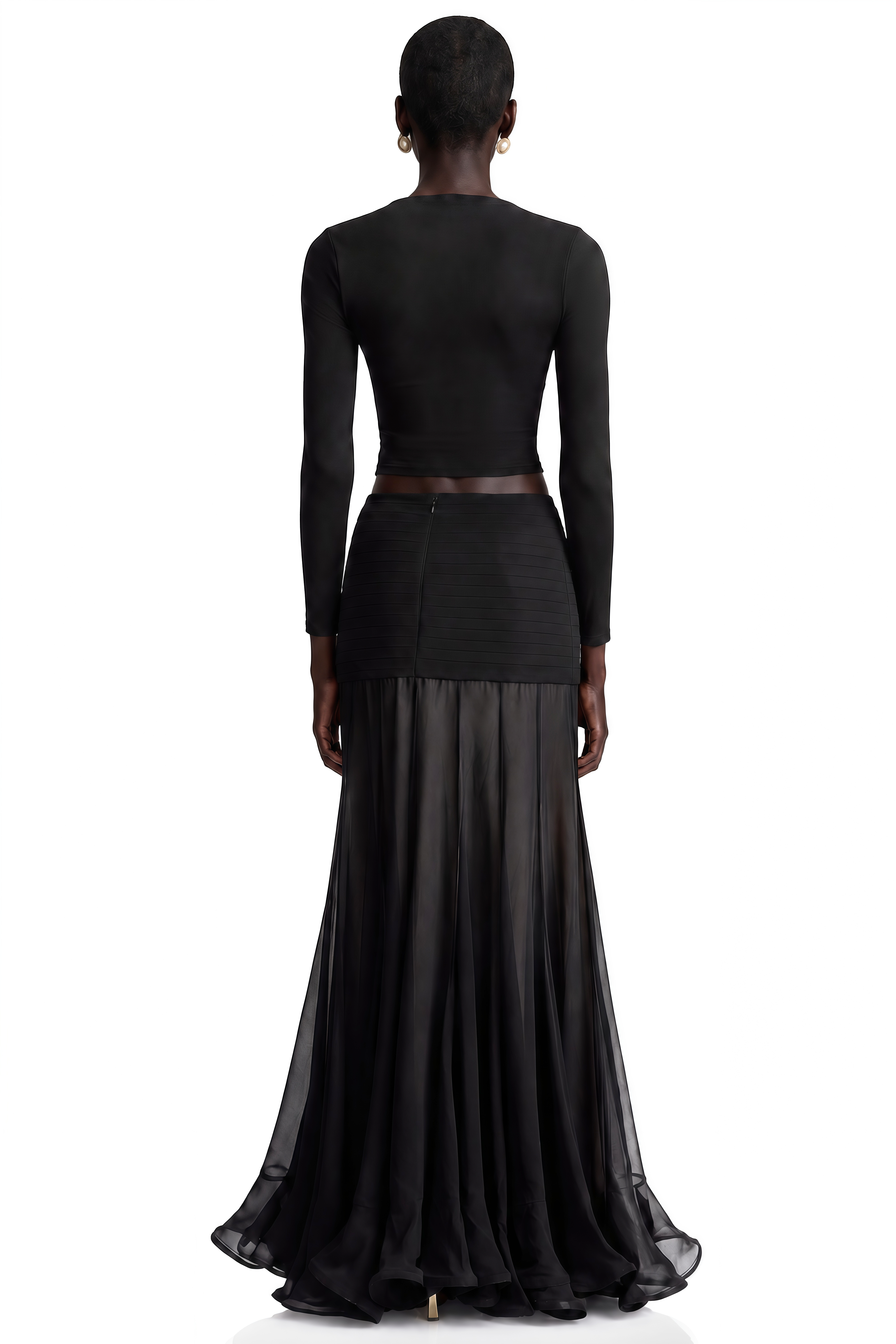 Women's black long sleeve fitted crop top with gathered ruching and open front cutout