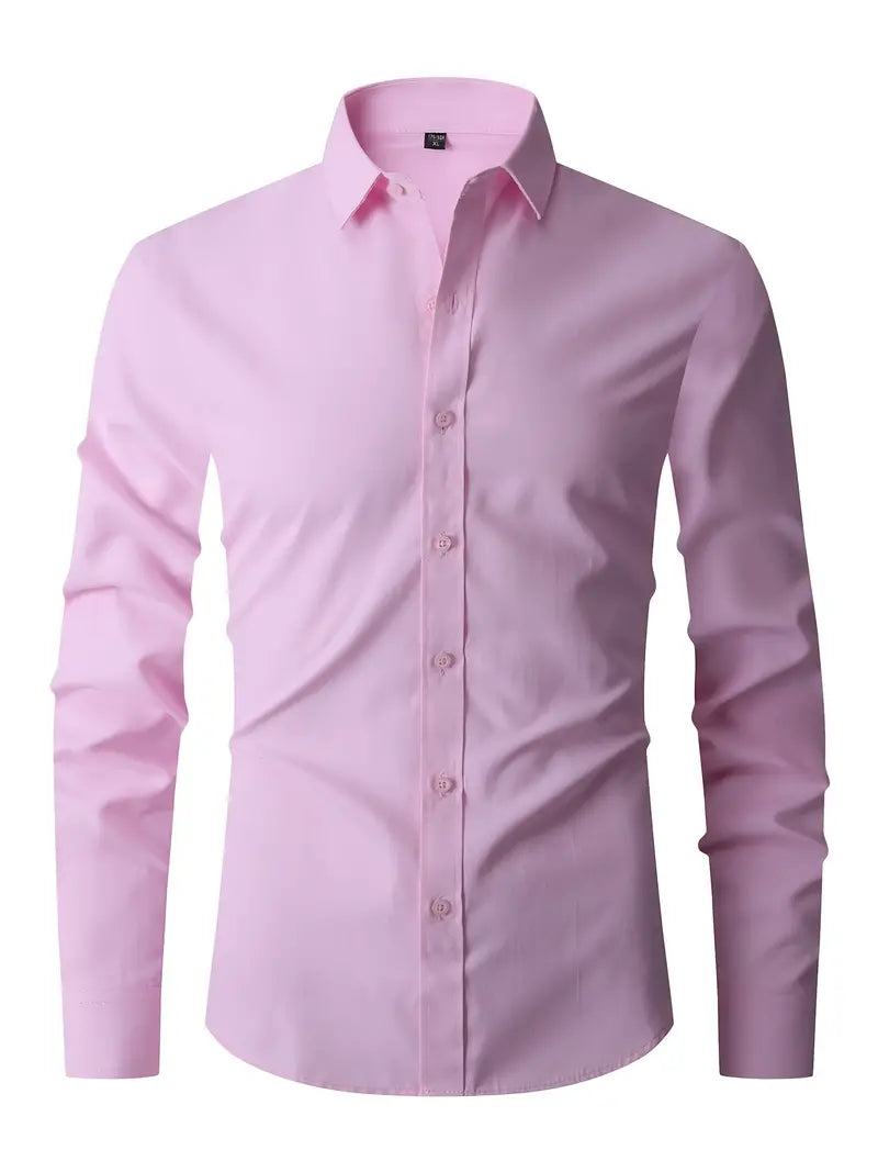 Men's fitted long sleeve shirt with point collar and button front in white