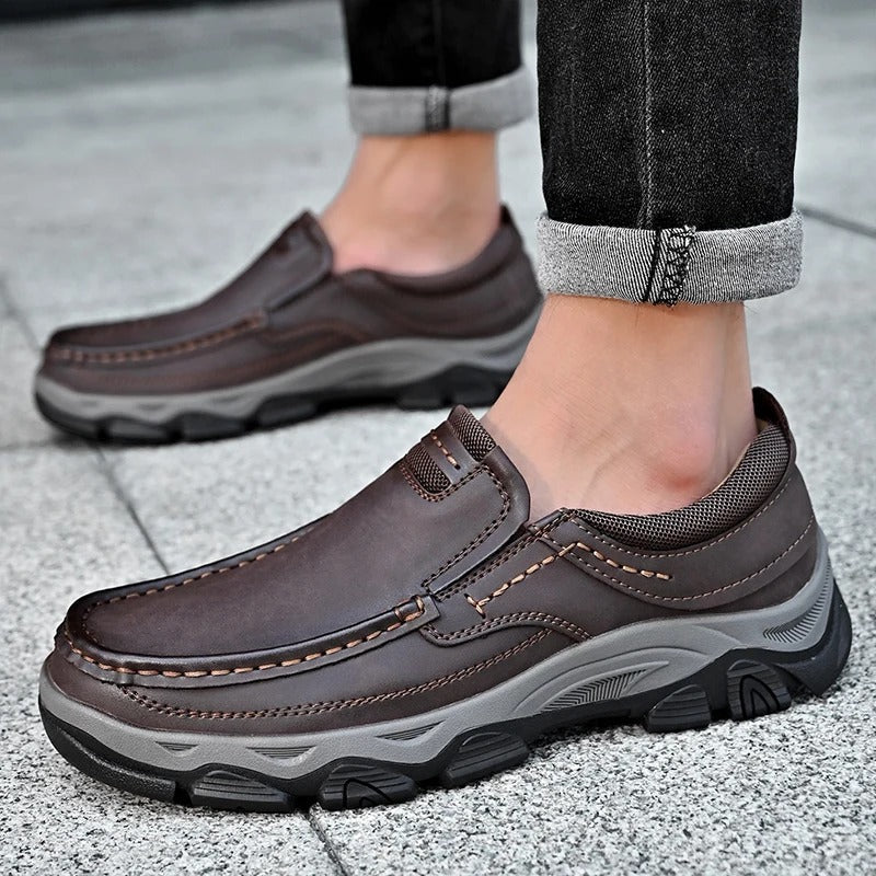 Men's moc toe loafers with contrast stitching and chunky lug soles