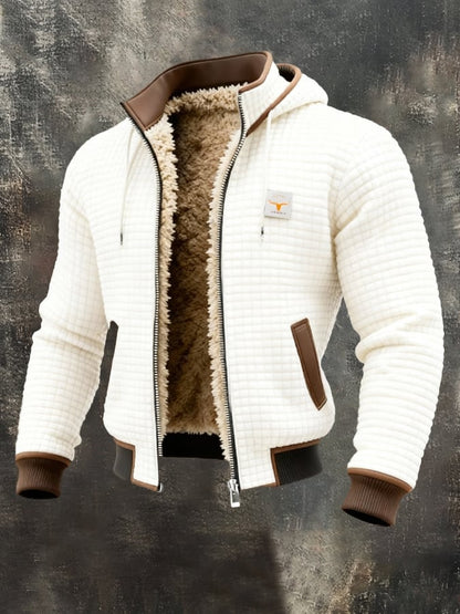Men's textured quilted hooded jacket with full-zip front and plush contrasting lining