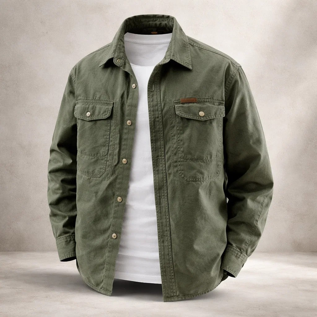 Men's long-sleeve utility overshirt jacket with pointed collar, button front and four pockets