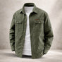 Men's long-sleeve utility overshirt jacket with pointed collar, button front and four pockets