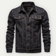 Men's long-sleeve denim trucker jacket with pointed collar, chest pockets and button front