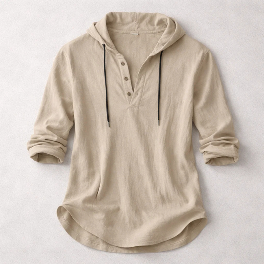 Long-sleeve hooded shirt with button placket and curved hem