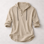 Long-sleeve hooded shirt with button placket and curved hem