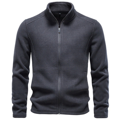 Men's full-zip mock-neck fleece jacket with long sleeves and front pockets