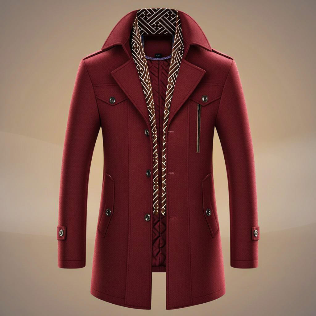 Men's long structured coat with notched lapels, patterned trim, buttons and multiple pockets