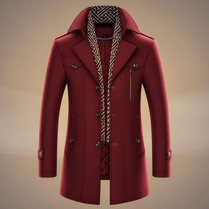 Men's long structured coat with notched lapels, patterned trim, buttons and multiple pockets