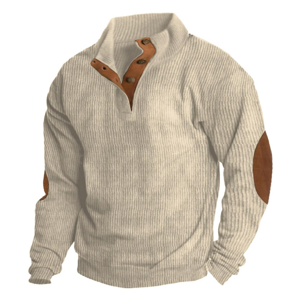 Men's ribbed jumper with stand collar, button placket and contrast elbow patches