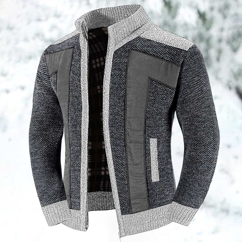 Men's textured zip jacket with stand collar, geometric panels and long sleeves