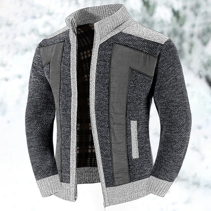 Men's textured zip jacket with stand collar, geometric panels and long sleeves