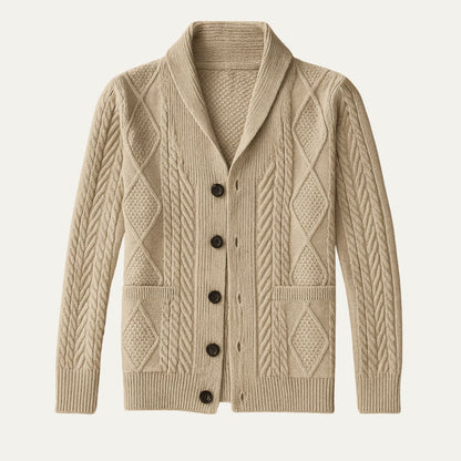 Men's textured shawl collar cardigan with button front and patch pockets