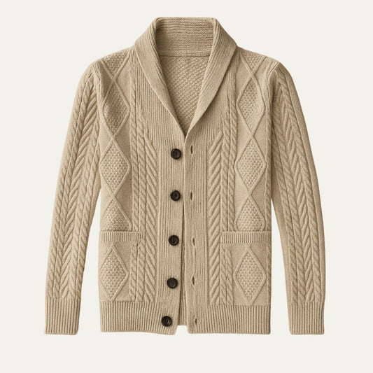 Men's textured shawl collar cardigan with button front and patch pockets