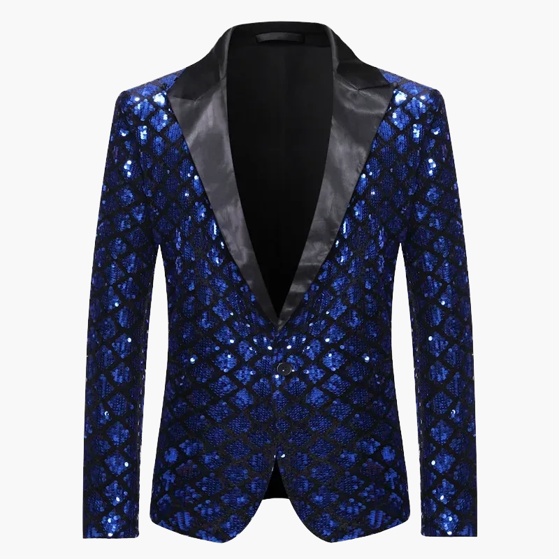 Men's geometric diamond sequin blazer with peaked lapels and long sleeves