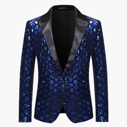 Men's geometric diamond sequin blazer with peaked lapels and long sleeves