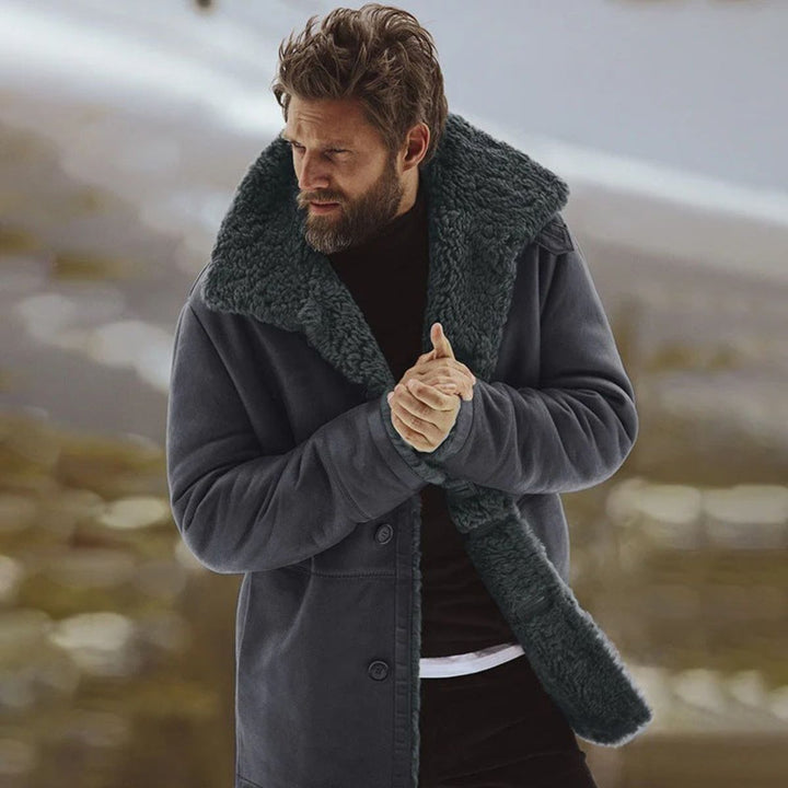 Men's shearling-style overcoat with wide collar, button front and angled pockets