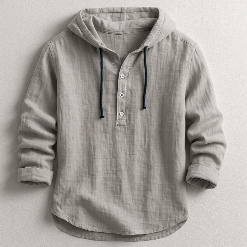 Unisex hooded pullover shirt with button placket