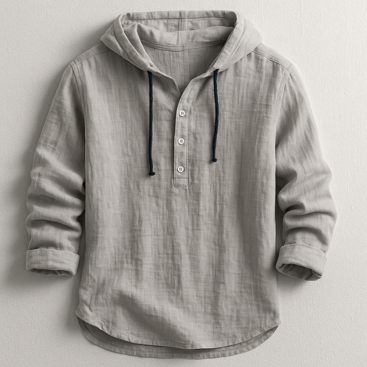 Unisex hooded pullover shirt with button placket