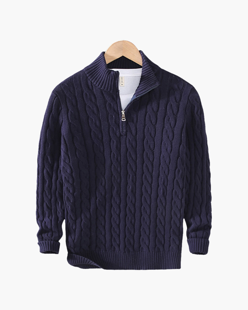 Cable-knit half-zip sweater with ribbed mock neck, cuffs and hem