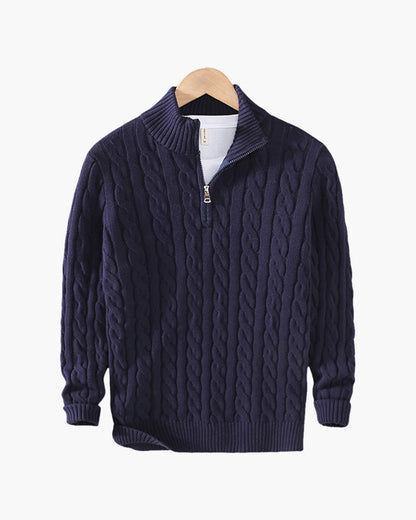 Cable-knit half-zip sweater with ribbed mock neck, cuffs and hem